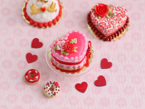 Romantic Pink and Red Rose Heart-shaped Valentine Cake - Handmade Miniature Food