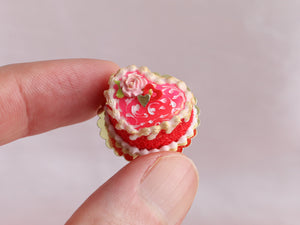 Red Heart-shaped Valentine Cake with Pink Rose, Swirls - Handmade Miniature Food