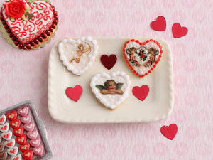 Trio of Heart-shaped Valentine's Day Cookies with Vintage Designs - A - Handmade Miniature Food