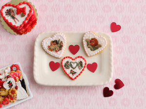 Trio of Heart-shaped Valentine's Day Cookies with Vintage Designs - B - Handmade Miniature Food