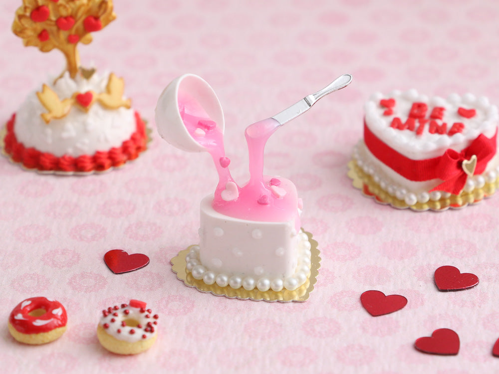 Decorating a Heart-shaped Cake - OOAK - Pink Icing - Handmade Miniature Food