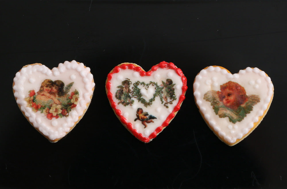 Trio of Heart-shaped Valentine's Day Cookies with Vintage Designs - B - Handmade Miniature Food