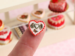 Trio of Heart-shaped Valentine's Day Cookies with Vintage Designs - B - Handmade Miniature Food