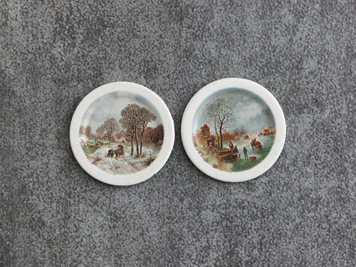 Two Decorative Winter Scene Plates - Winter Wonderland Collection - OOAK - Handmade 12th Scale Dollhouse Miniature