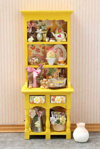 OOAK Yellow Easter Kitchen Hutch Filled with Handmade Easter and Spring Themed Miniatures