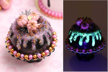 Load image into Gallery viewer, Black and Pink Cake with Glow-in-the-dark Icing, 3 Pink Pumpkins Autumn / Halloween - Handmade Miniature Food