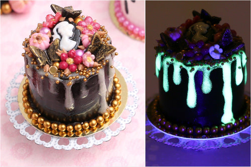 Black and Pink Tall Drip Cake with Glow-in-the-dark Icing, Cameo, Autumn / Halloween - Handmade Miniature Food