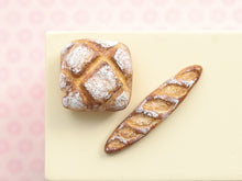 Load image into Gallery viewer, Two loaves of French Bread - Pain de Campagne and Baguette - Handmade Miniature Food in 12th Scale