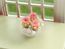 Load image into Gallery viewer, Pink Rose Cupcakes and Meringues on Pretty Stand - Handmade Miniature Food in 12th Scale for Dollhouses
