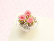 Load image into Gallery viewer, Pink Rose Cupcakes and Meringues on Pretty Stand - Handmade Miniature Food in 12th Scale for Dollhouses