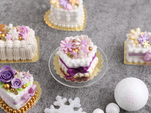 OOAK - Christmas / Winter Cake (six-sided) with Lilac Flower and Snowflakes  - Handmade Miniature Food