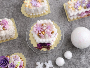 OOAK - Christmas / Winter Cake (six-sided) with Lilac Flower and Snowflakes  - Handmade Miniature Food