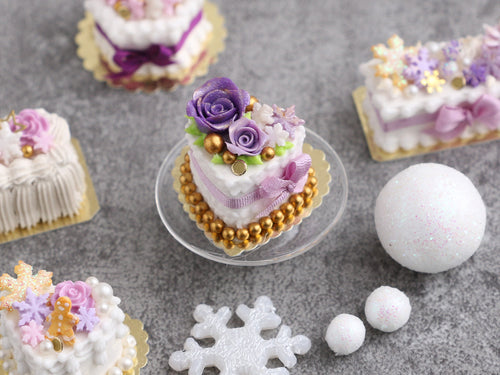 OOAK - Heartshaped Christmas / Winter Cake with Lilac and Purple Roses - Handmade Miniature Food