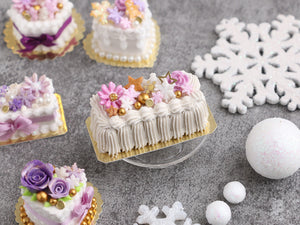 OOAK - Cream Cake for Christmas / Winter with Lilac Flowers, Stars and Snowflakes - Handmade Miniature Food