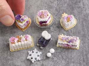 Christmas / Winter Cake with Lilac Flower and Snowflake Flurry - Handmade Miniature Food