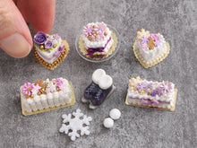 Load image into Gallery viewer, Heartshaped Christmas / Winter Cake with Cookie Man and Lilac Flower and Snowflakes  - Handmade Miniature Food