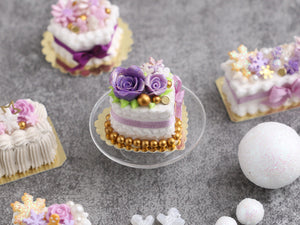 OOAK - Heartshaped Christmas / Winter Cake with Lilac and Purple Roses - Handmade Miniature Food