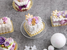 Load image into Gallery viewer, Heartshaped Christmas / Winter Cake with Cookie Man and Lilac Flower and Snowflakes  - Handmade Miniature Food