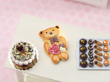Load image into Gallery viewer, Teddy Bear Cake with Chocolate Bow Tie and Hearts - 1:12 Scale Handmade Miniature Food