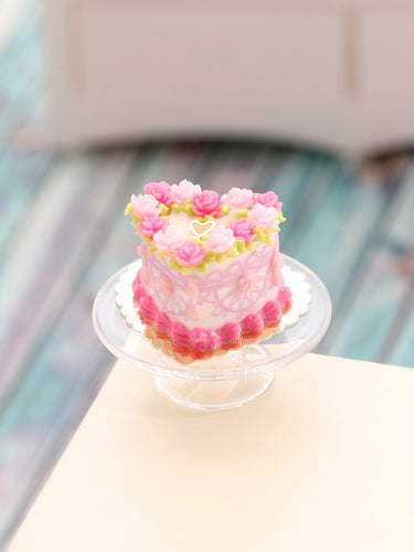 Heart-shaped Light and Dark Pink Rose Crown Cake - Handmade Miniature Food for Dollhouse