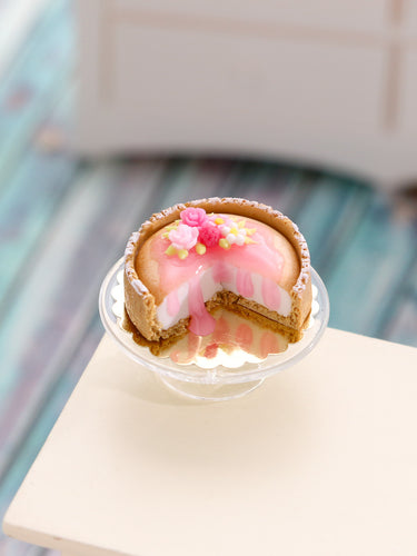 Handmade 1/12 Scale Elegant Rose Miniature Pink Glazed Cheesecake - Dollhouse Bakery Treat