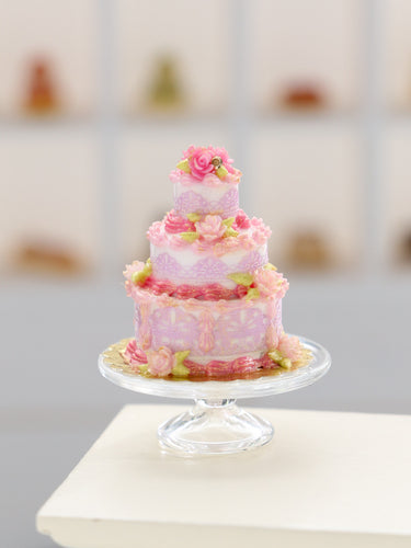 Three Tier Pink Floral Cake - Handmade Miniature Food for Dollhouse