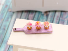 Load image into Gallery viewer, Three Pink Floral Cupcakes Presented on Pink Wooden Board - Handmade Miniature Dollhouse Food