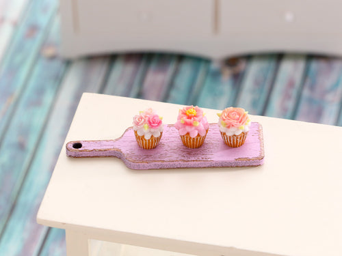 Three Pink Floral Cupcakes Presented on Pink Wooden Board - Handmade Miniature Dollhouse Food
