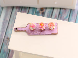 Three Pink Floral Cupcakes Presented on Pink Wooden Board - Handmade Miniature Dollhouse Food