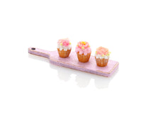 Load image into Gallery viewer, Three Pink Floral Cupcakes Presented on Pink Wooden Board - Handmade Miniature Dollhouse Food