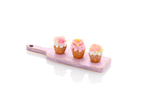 Three Pink Floral Cupcakes Presented on Pink Wooden Board - Handmade Miniature Dollhouse Food