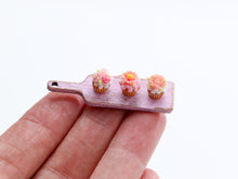 Load image into Gallery viewer, Three Pink Floral Cupcakes Presented on Pink Wooden Board - Handmade Miniature Dollhouse Food