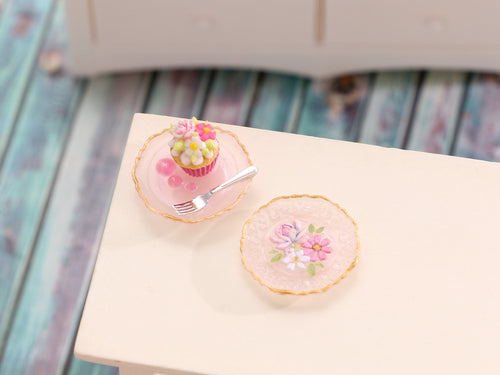 Rose Cupcake Dessert and Decorative Pink Plate - Handmade Miniature Food