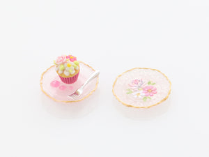 Rose Cupcake Dessert and Decorative Pink Plate - Handmade Miniature Food