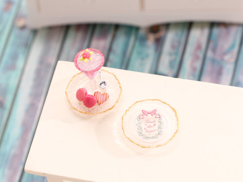 Pink Cocktail with Macarons and Decorative Pink Plate - Handmade Miniature Food