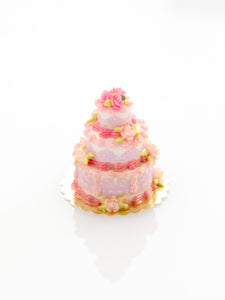 Three Tier Pink Floral Cake - Handmade Miniature Food for Dollhouse