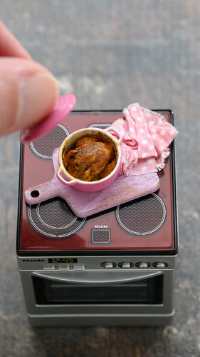 Roast Chicken in Pink Oven Dish - Handmade 12th Scale Miniature Food
