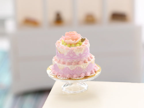 Two Tier Pink Rose Cake - Handmade Miniature Food for Dollhouse