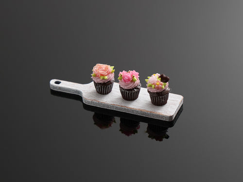 Chocolate Cupcakes on Wooden Board - Handmade Miniature Food for Dollhouse - OOAK