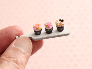Chocolate Cupcakes on Wooden Board - Handmade Miniature Food for Dollhouse - OOAK