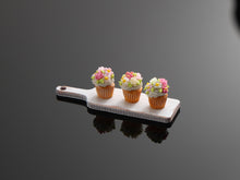 Load image into Gallery viewer, Floral Cupcakes on Wooden Board - Handmade Miniature Food for Dollhouse - OOAK