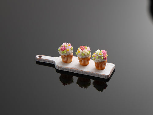 Floral Cupcakes on Wooden Board - Handmade Miniature Food for Dollhouse - OOAK