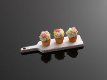 Load image into Gallery viewer, Floral Cupcakes on Wooden Board - Handmade Miniature Food for Dollhouse - OOAK