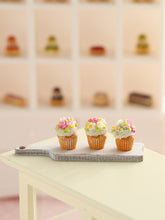Load image into Gallery viewer, Floral Cupcakes on Wooden Board - Handmade Miniature Food for Dollhouse - OOAK