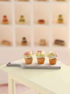 Floral Cupcakes on Wooden Board - Handmade Miniature Food for Dollhouse - OOAK