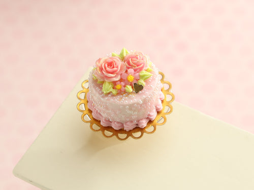 Pink Roses Handmade Miniature Cake for Dollhouse - OOAK