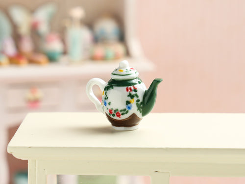French Green Garden Floral Teapot - Miniature decoration for Dollhouses
