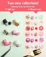 Two new collections of handmade miniature food for dollshouses featuring spilt jars of candy and tempting miniature desserts with accompanying decorative plates and candy jars