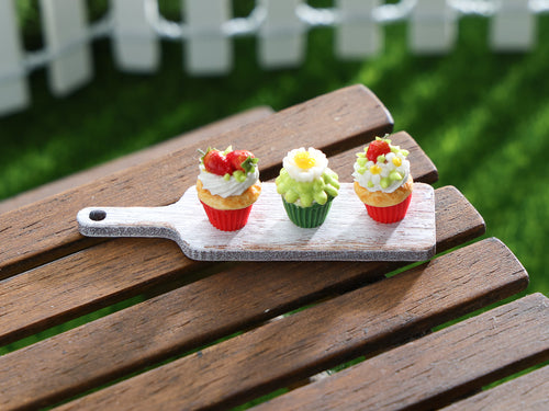 Three Summer Strawberry Cupcakes on Wooden Presentation Board - OOAK - Handmade Miniature Food