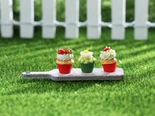 Load image into Gallery viewer, Three Summer Strawberry Cupcakes on Wooden Presentation Board - OOAK - Handmade Miniature Food